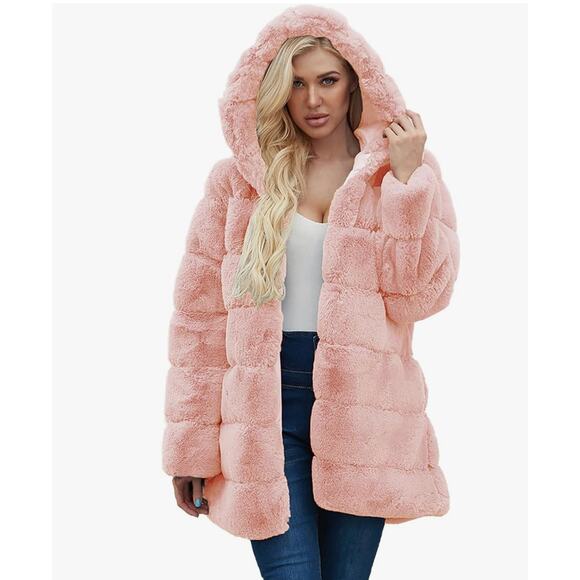 Soft Pink Faux Fur Hooded Jacket Coat Excellent Pockets Lined Lanshifei Small - Picture 1 of 8